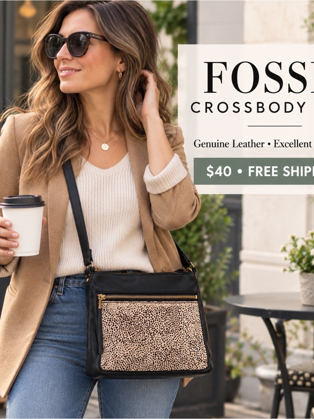 Fossil Black Leather Crossbody with Leopard-Print Front Panel
